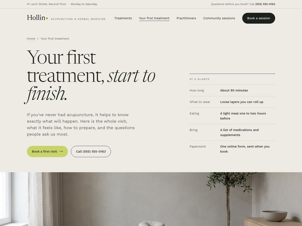 Acupuncture practice website design: first treatment page