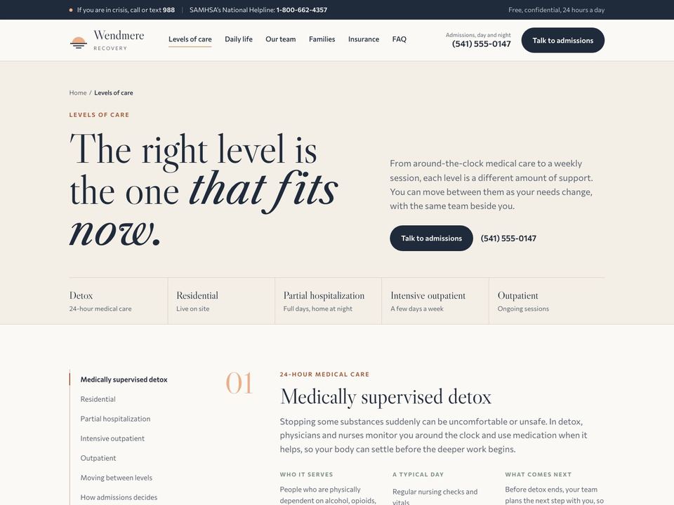 Addiction treatment center website design: levels of care page