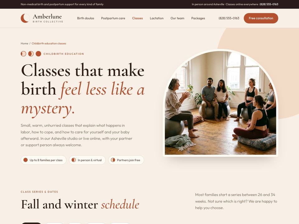 Birth support practice website design: childbirth classes page