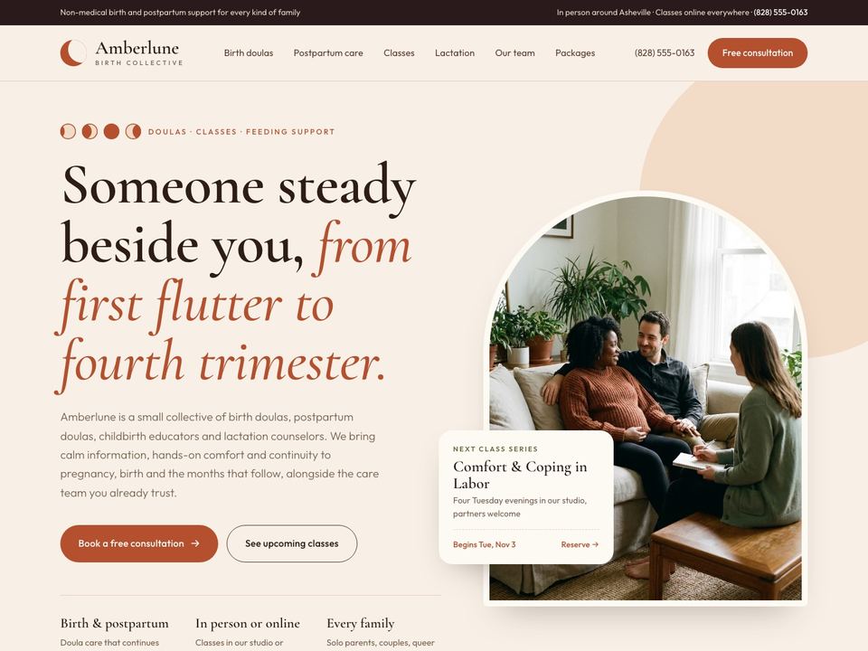 Birth support practice website design: home page