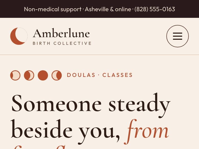 Birth support practice website design: mobile home page