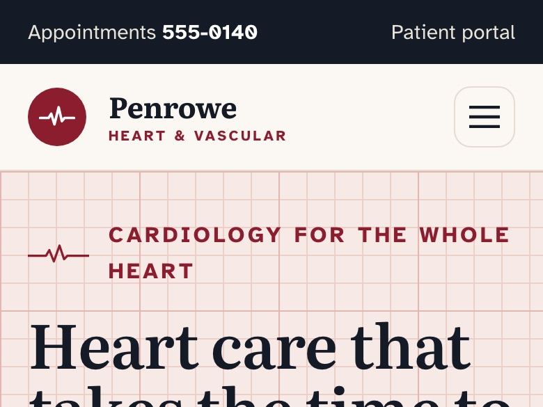 Cardiology practice website design: mobile home page