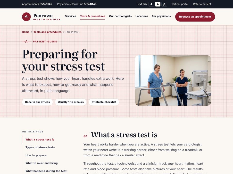 Cardiology practice website design: stress test preparation page