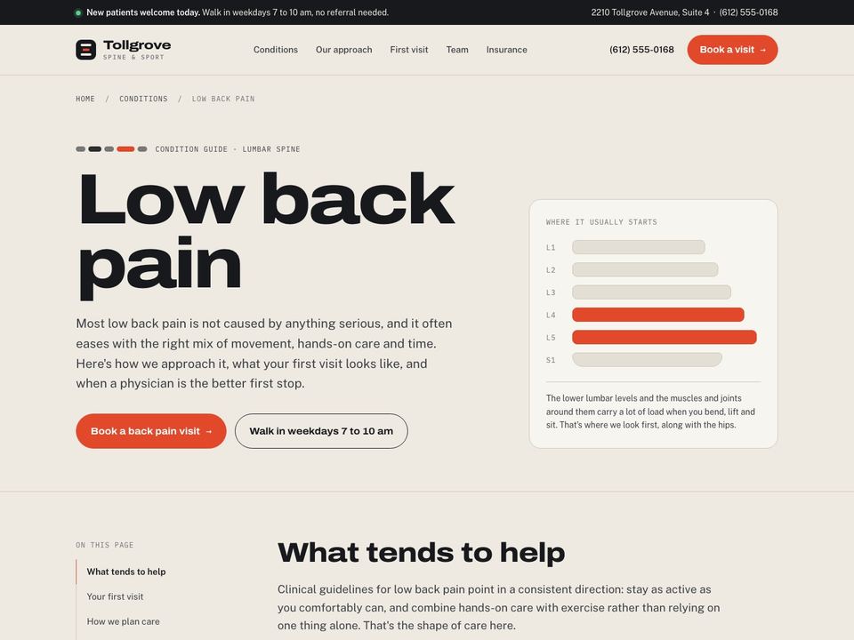 Chiropractic clinic website design: low back pain condition page