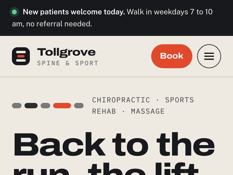 Chiropractic clinic website design: mobile home page