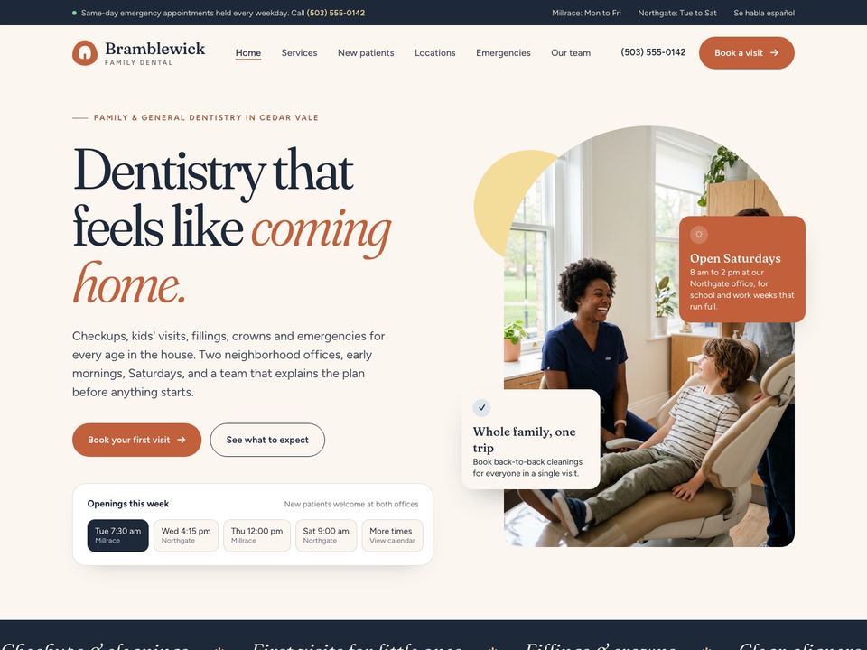 Dental practice website design: home page