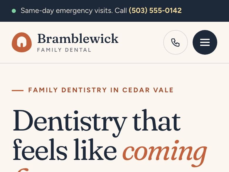 Dental practice website design: mobile home page