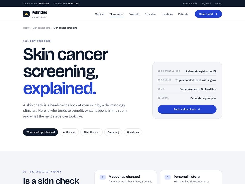 Dermatology practice website design: skin cancer screening page