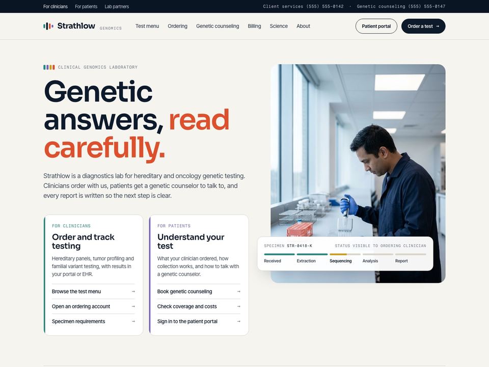 Diagnostics company website design: home page