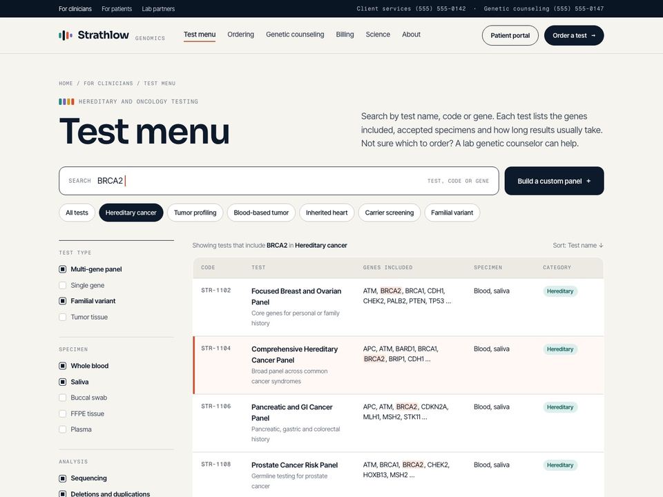 Diagnostics company website design: test menu page
