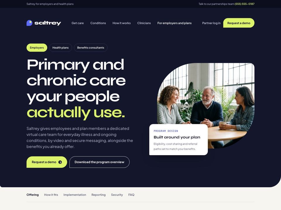 Digital health company website design: employers and health plans page