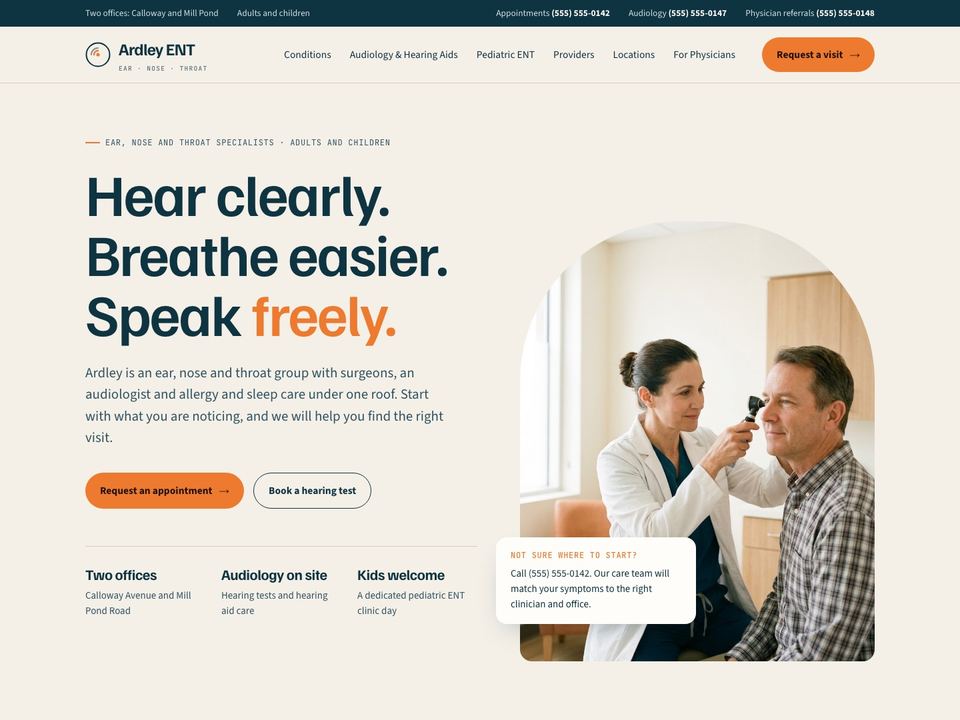 ENT practice website design: home page