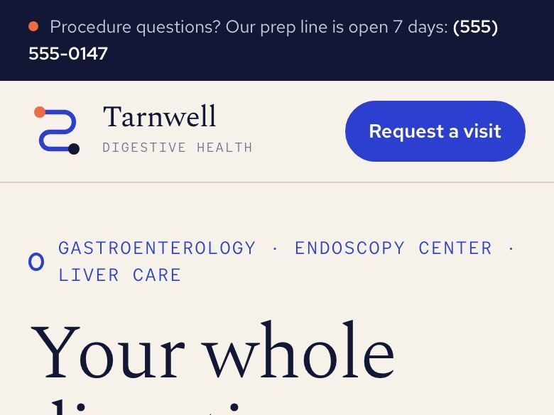 Gastroenterology practice website design: mobile home page