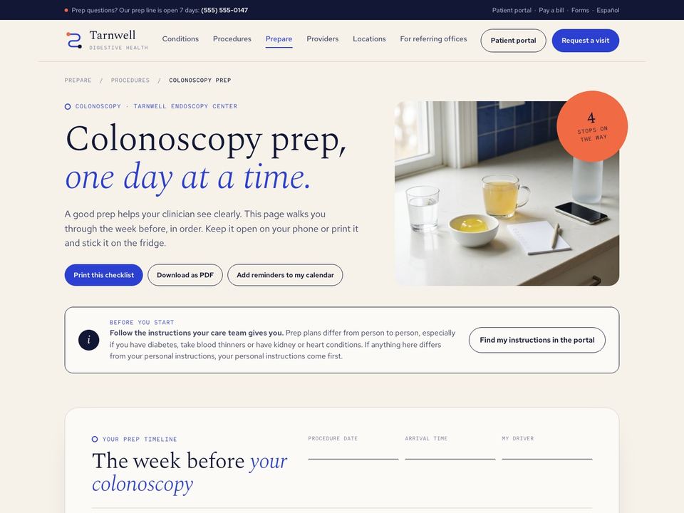Gastroenterology practice website design: colonoscopy prep page