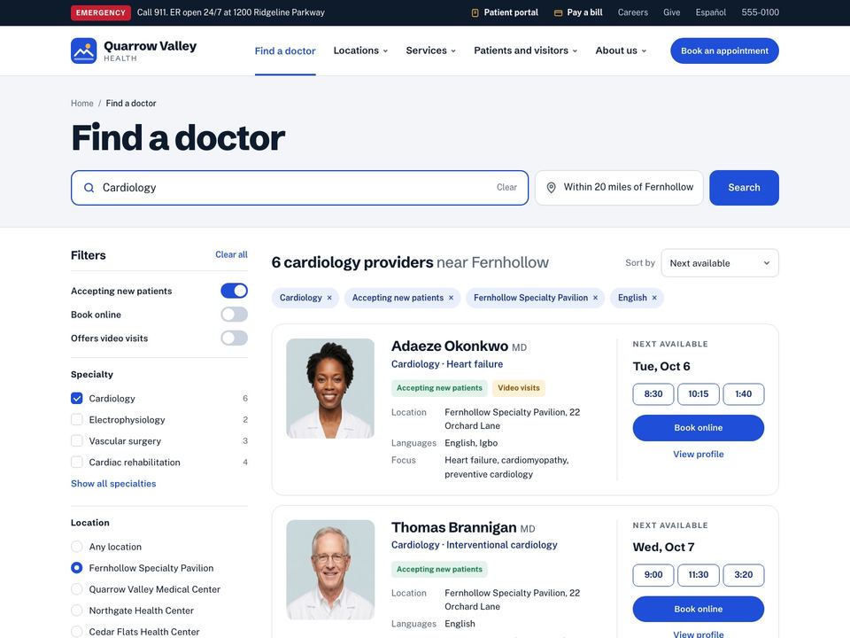 Hospital website design: find a doctor page