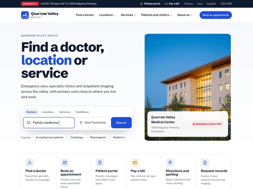 Hospital website design: home page