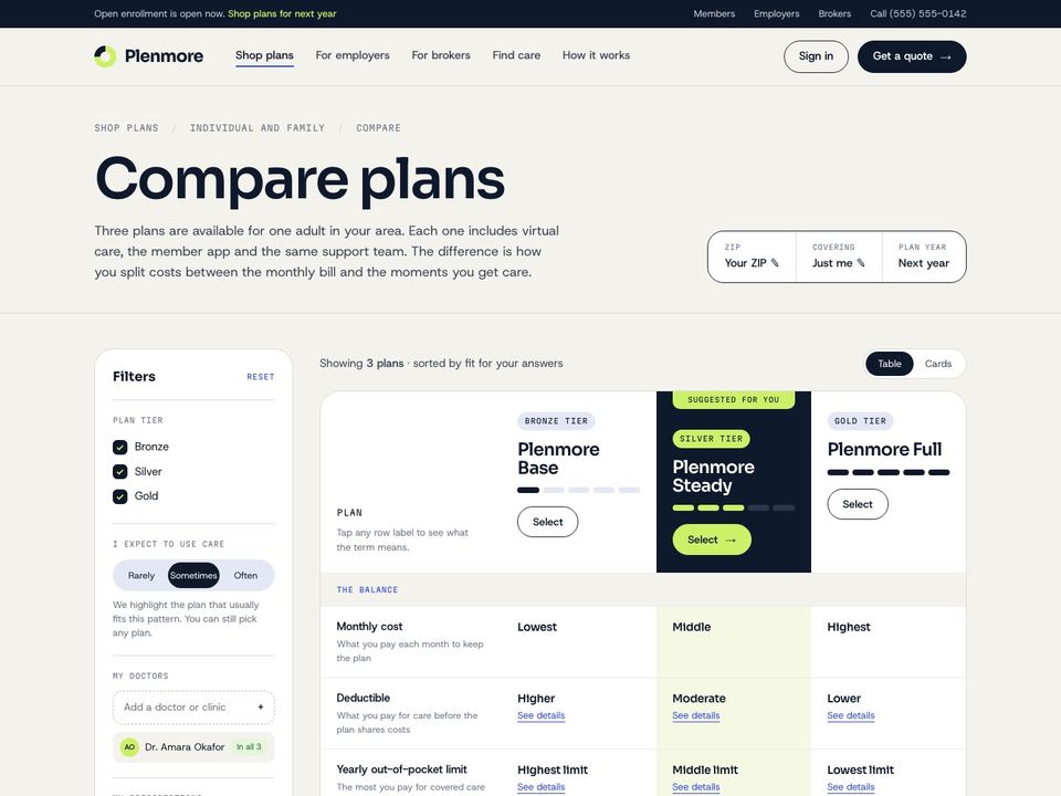 Health insurance company website design: plan comparison page
