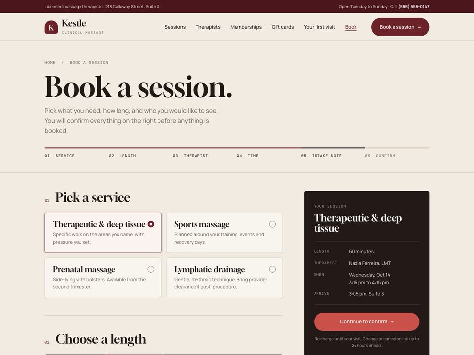 Massage therapy website design: booking page