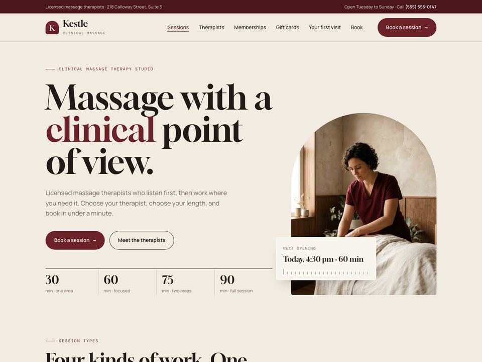 Massage therapy website design: home page