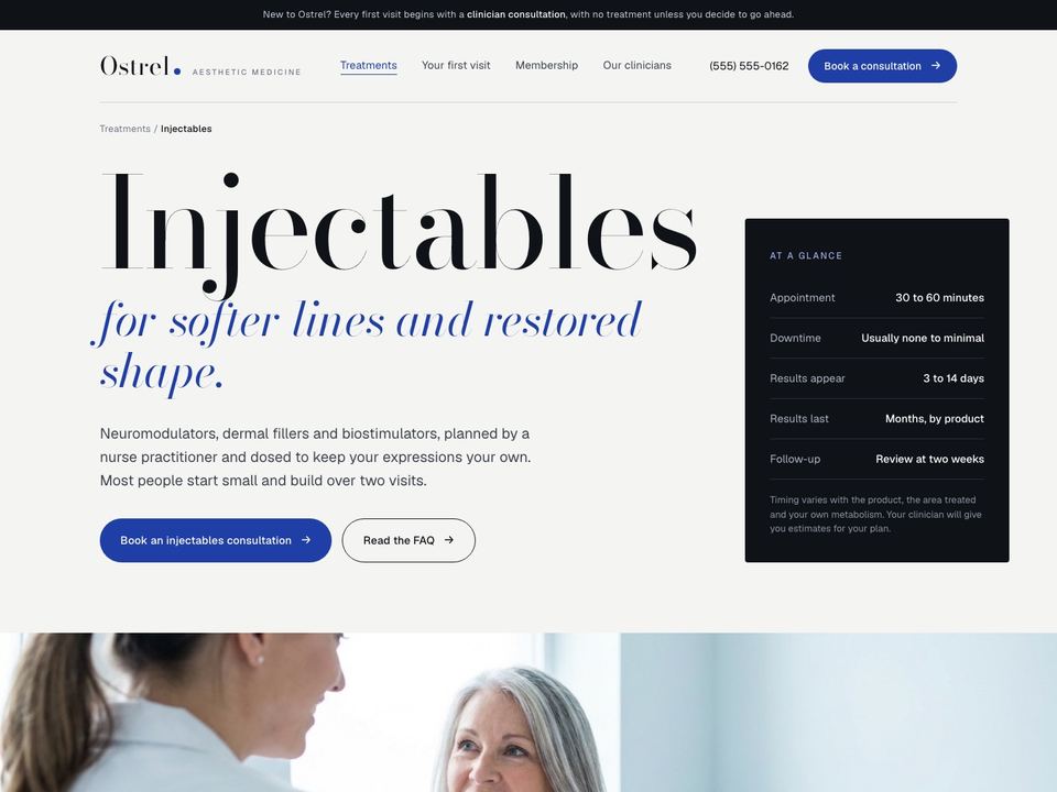 Med spa website design: injectables treatment page