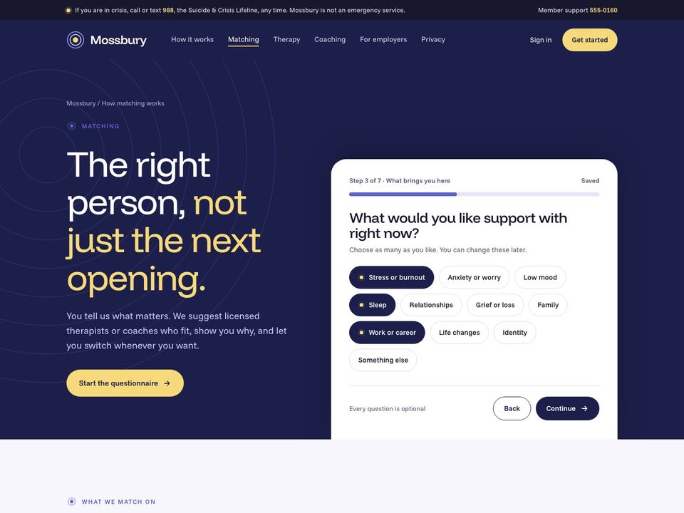 Mental health technology company website design: therapist matching page