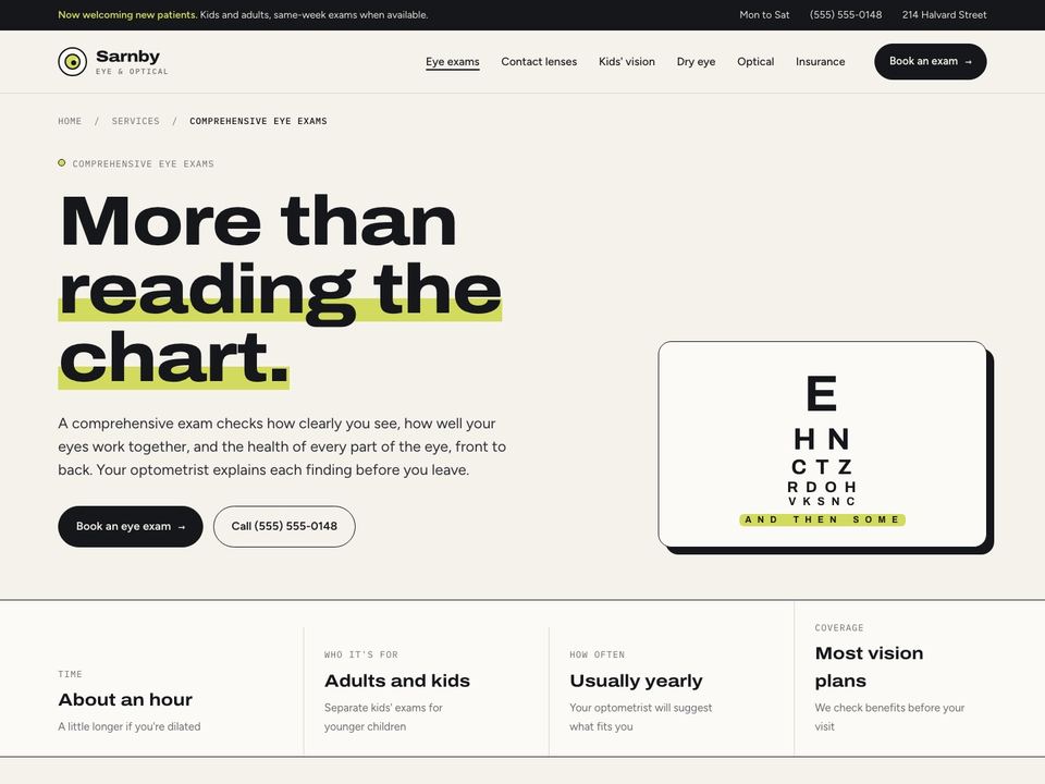 Optometry practice website design: eye exams page