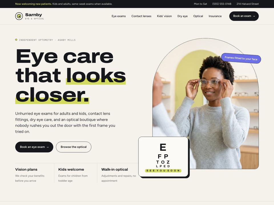 Optometry practice website design: home page