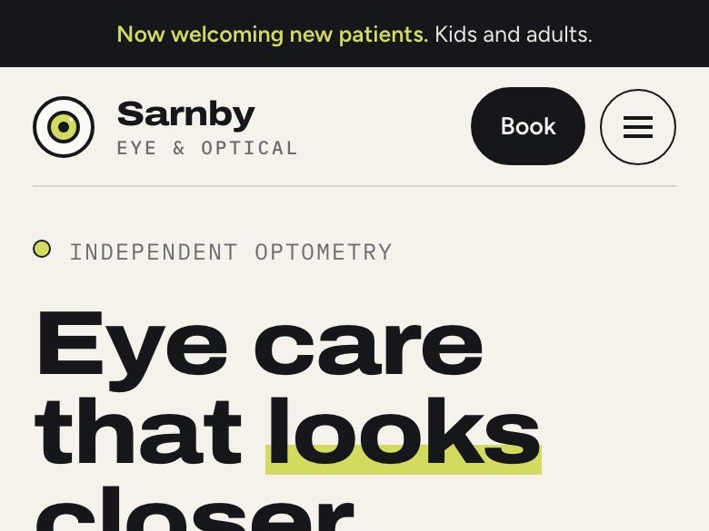 Optometry practice website design: mobile home page