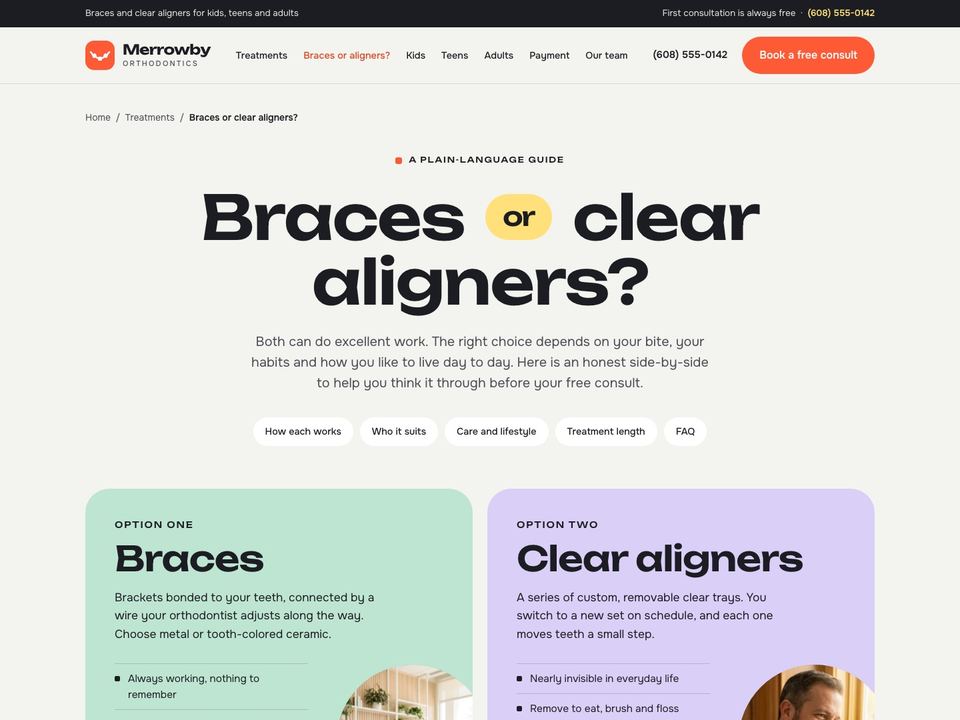 Orthodontic practice website design: braces and clear aligners page