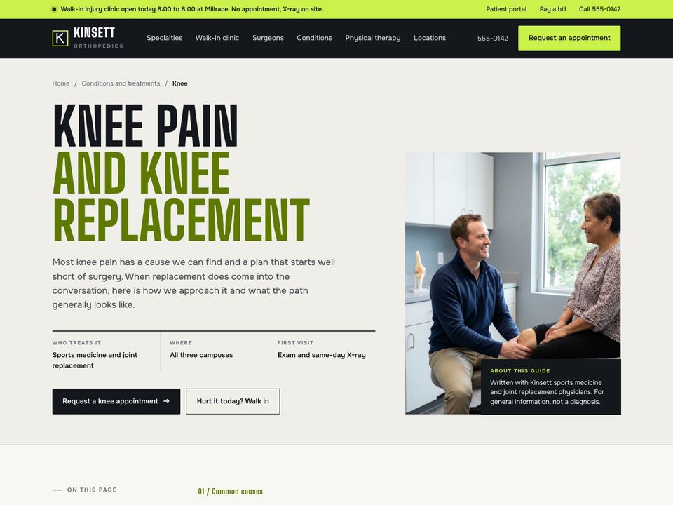 Orthopedic practice website design: knee pain and replacement page
