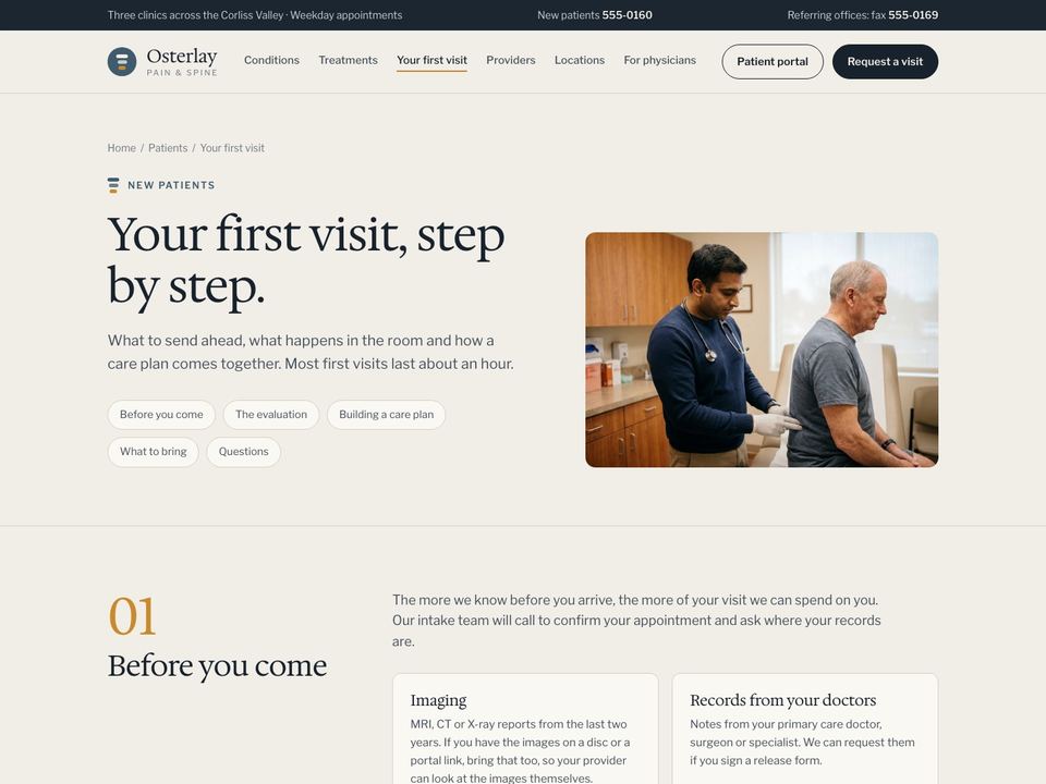 Pain management practice website design: first visit page
