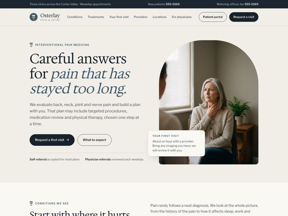Pain management practice website design: home page
