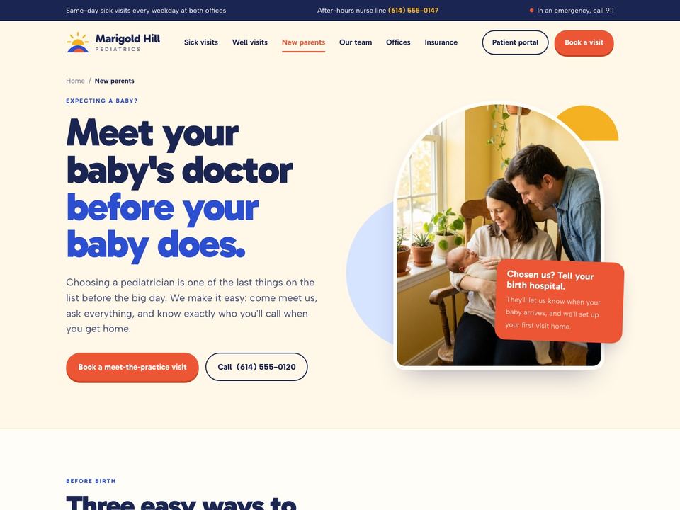 Pediatric practice website design: new parents page