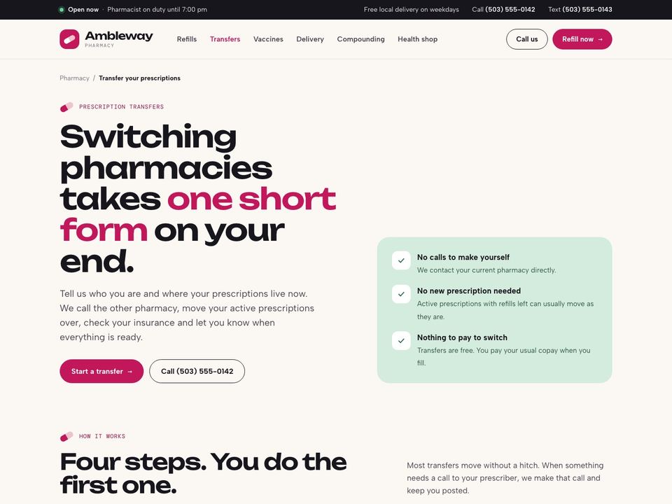 Pharmacy website design: prescription transfer page