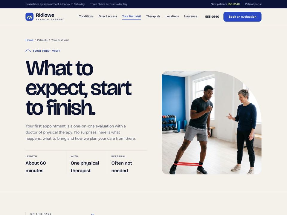 Physical therapy clinic website design: first visit page