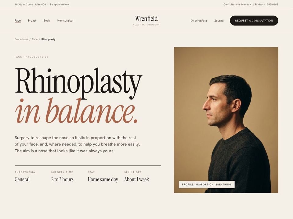 Plastic surgery practice website design: rhinoplasty procedure page