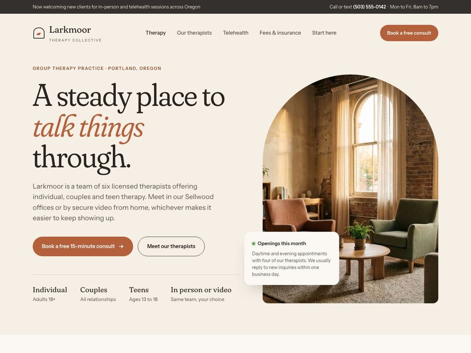 Therapy practice website design: home page