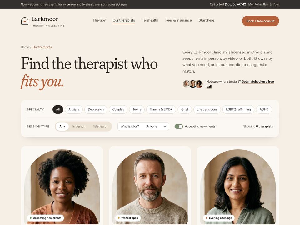 Therapy practice website design: therapist directory