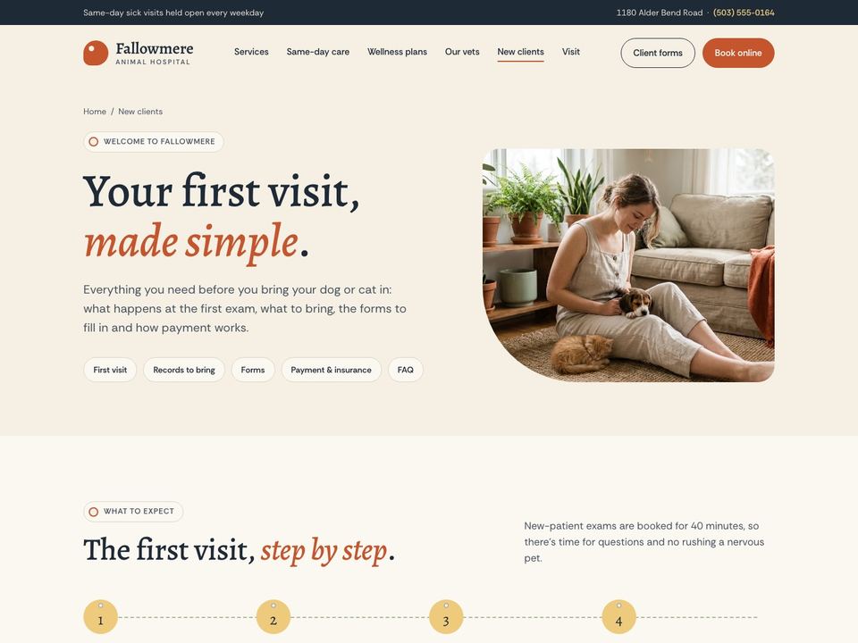 Veterinary hospital website design: new clients page