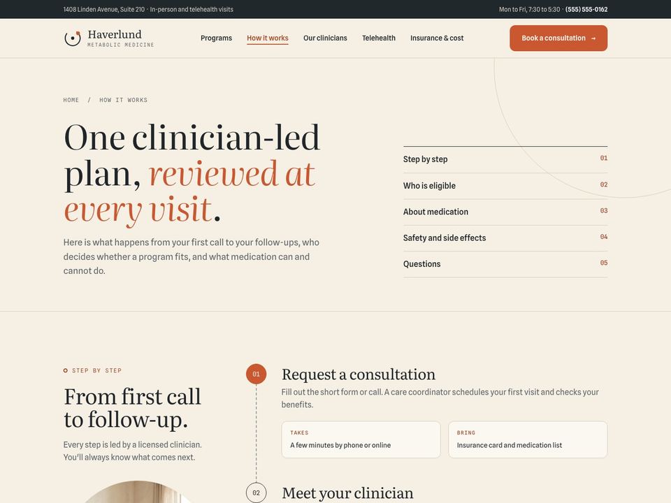 Medical weight loss clinic website design: how it works page