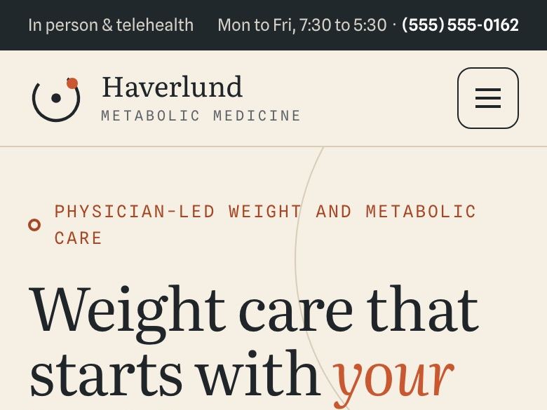 Medical weight loss clinic website design: mobile home page
